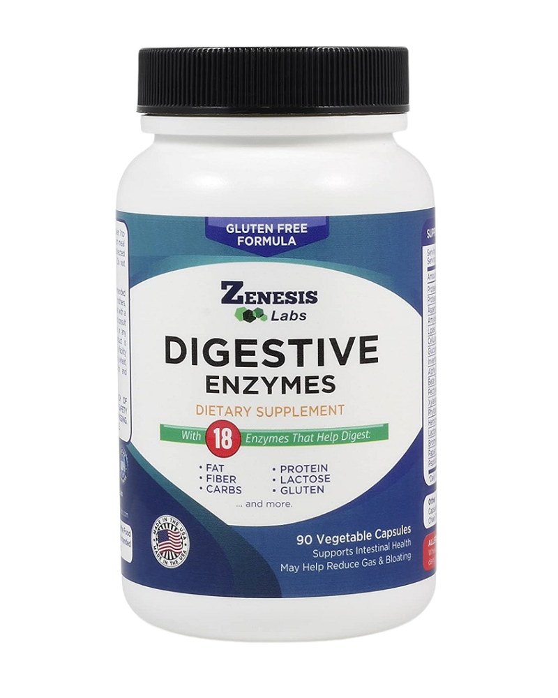 Supplement bottle labeled 'Digestive Enzymes' by Zenesis Labs on a white background